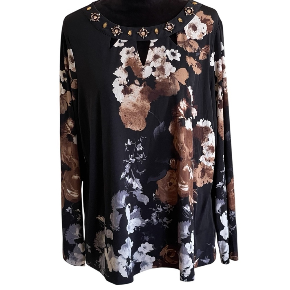 SUSAN GRAVER BROWN FLORAL EMBELLISHED TOP SZ XLG EUC